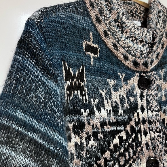 J. Jill Wool Blend Cardigan Duster Sweater SZ LP Chunky Fair Isle Jacquard Blue - Picture 5 of 13